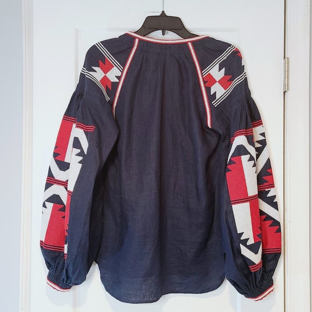 Fanm Mon Hand Embroidered Linen Peasant Blouse Navy Red EU 42 US M Artisan - Picture 2 of 7